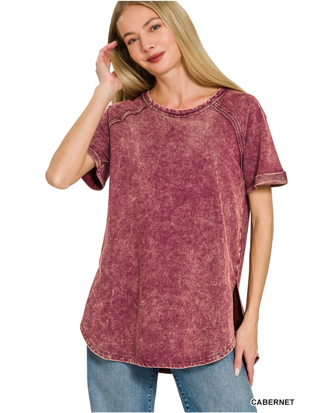 Zenana Acid Washed French Terry Cabernet Short Sleeve Top BB02 - Picture 2 of 2
